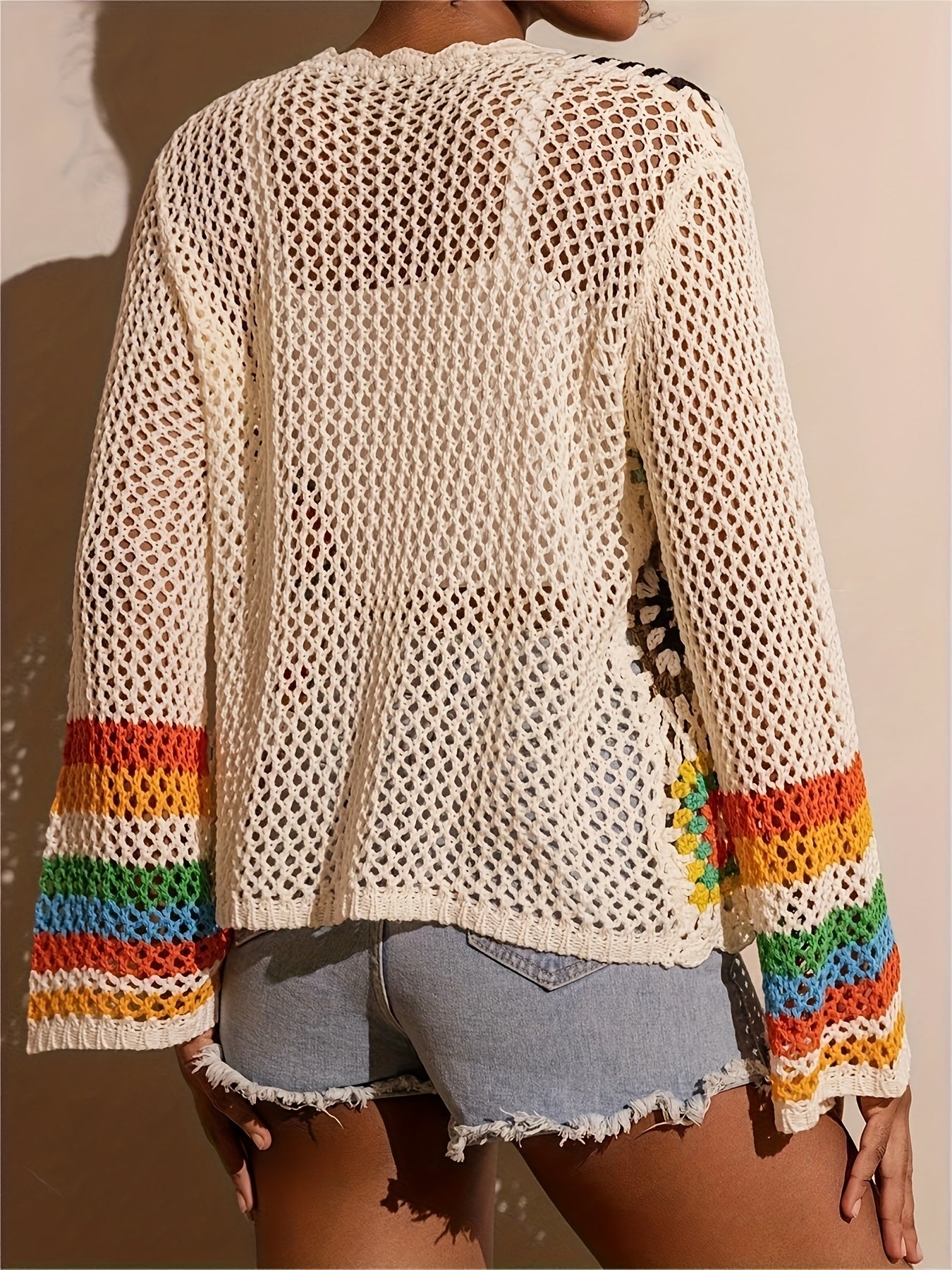 Damen Cardigan Blumenmuster Weite Ärmel Baumwolle Beige