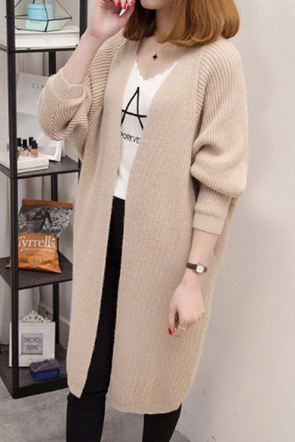 Damen Strickcardigan Lässig Offene Front Tiefen Taschen Beige