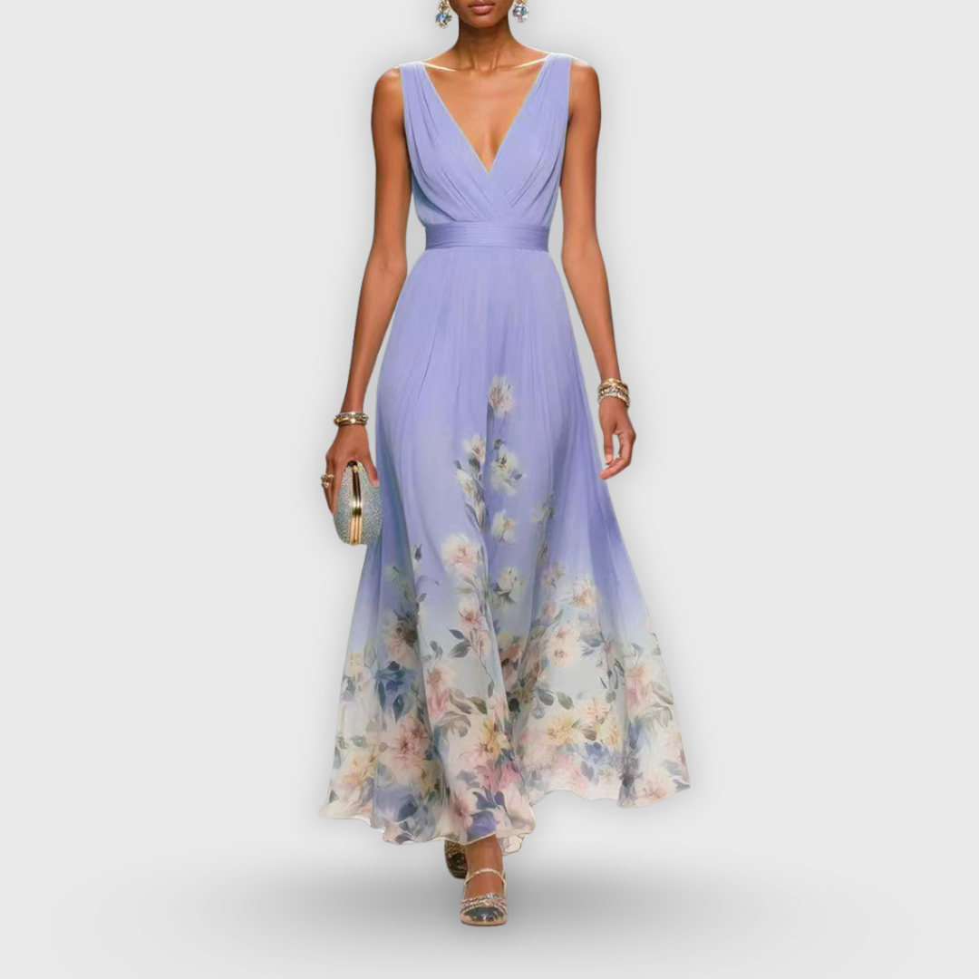 Damen Blumen Maxi Kleid V-Ausschnitt