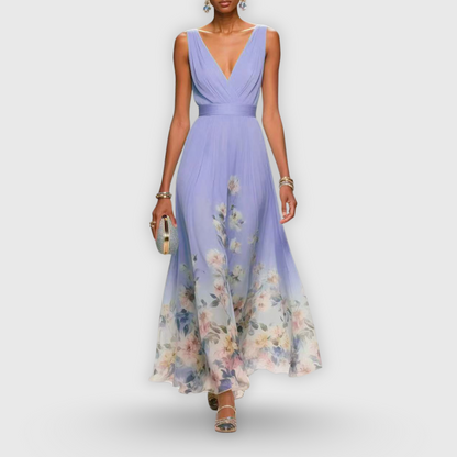Damen Blumen Maxi Kleid V-Ausschnitt