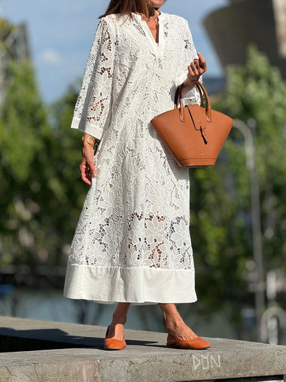 Damen Spitzenkleid 3/4-Ärmel Hochkragen Leicht Elfenbein