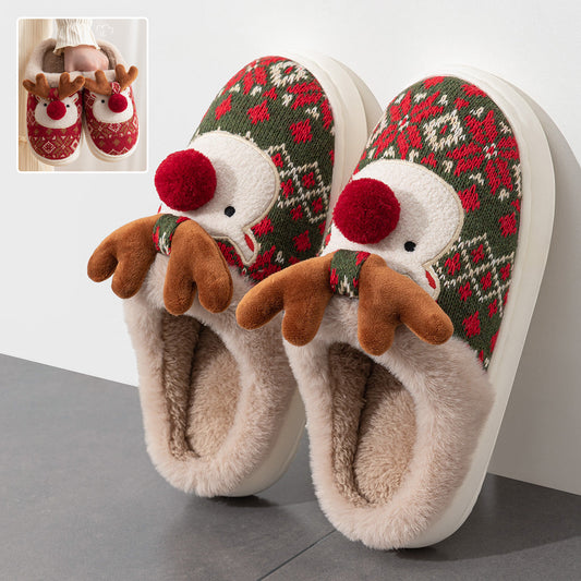 Weihnachtliche Damen Hausschuhe Warm Plüsch Bestickt Rot - Norvielle