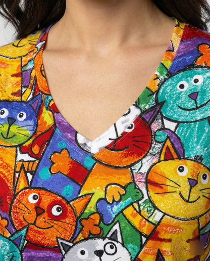 Damen T-Shirt Bunter Katzenprint Baumwolle Weich