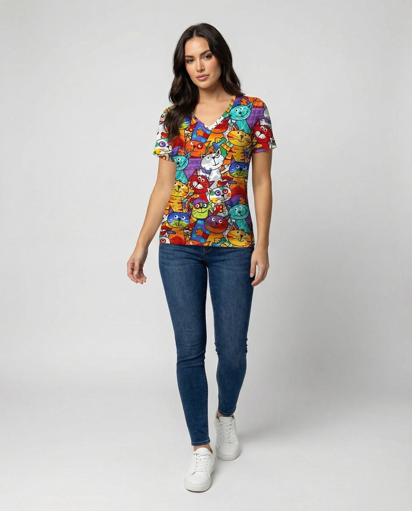 Damen T-Shirt Bunter Katzenprint Baumwolle Weich