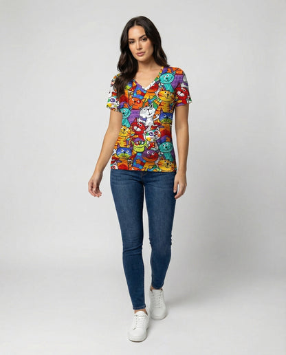 Damen T-Shirt Bunter Katzenprint Baumwolle Weich