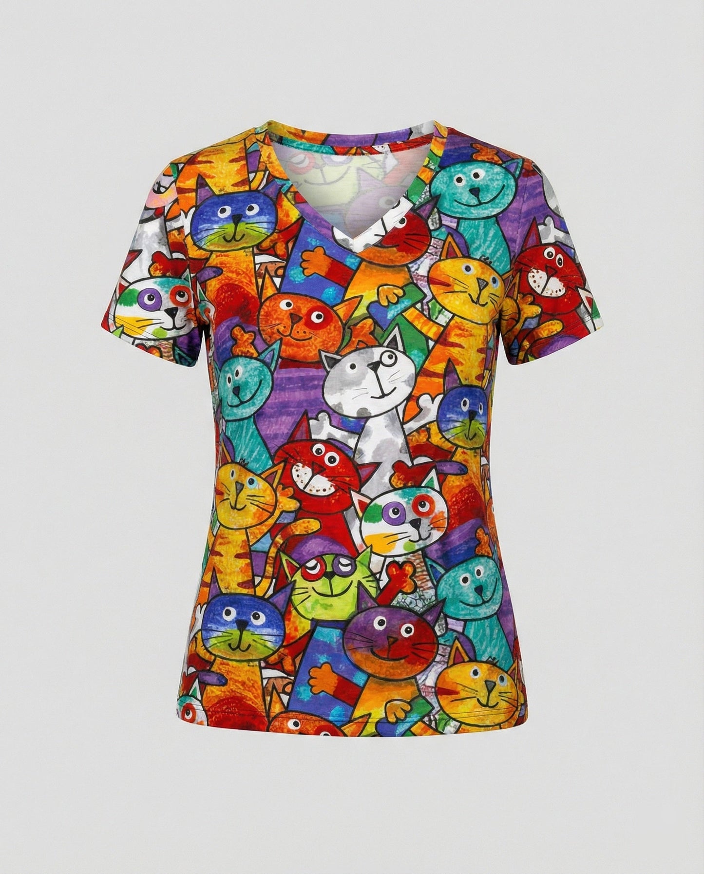 Damen T-Shirt Bunter Katzenprint Baumwolle Weich