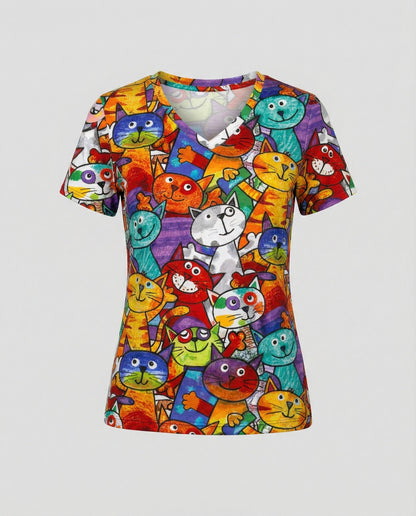 Damen T-Shirt Bunter Katzenprint Baumwolle Weich