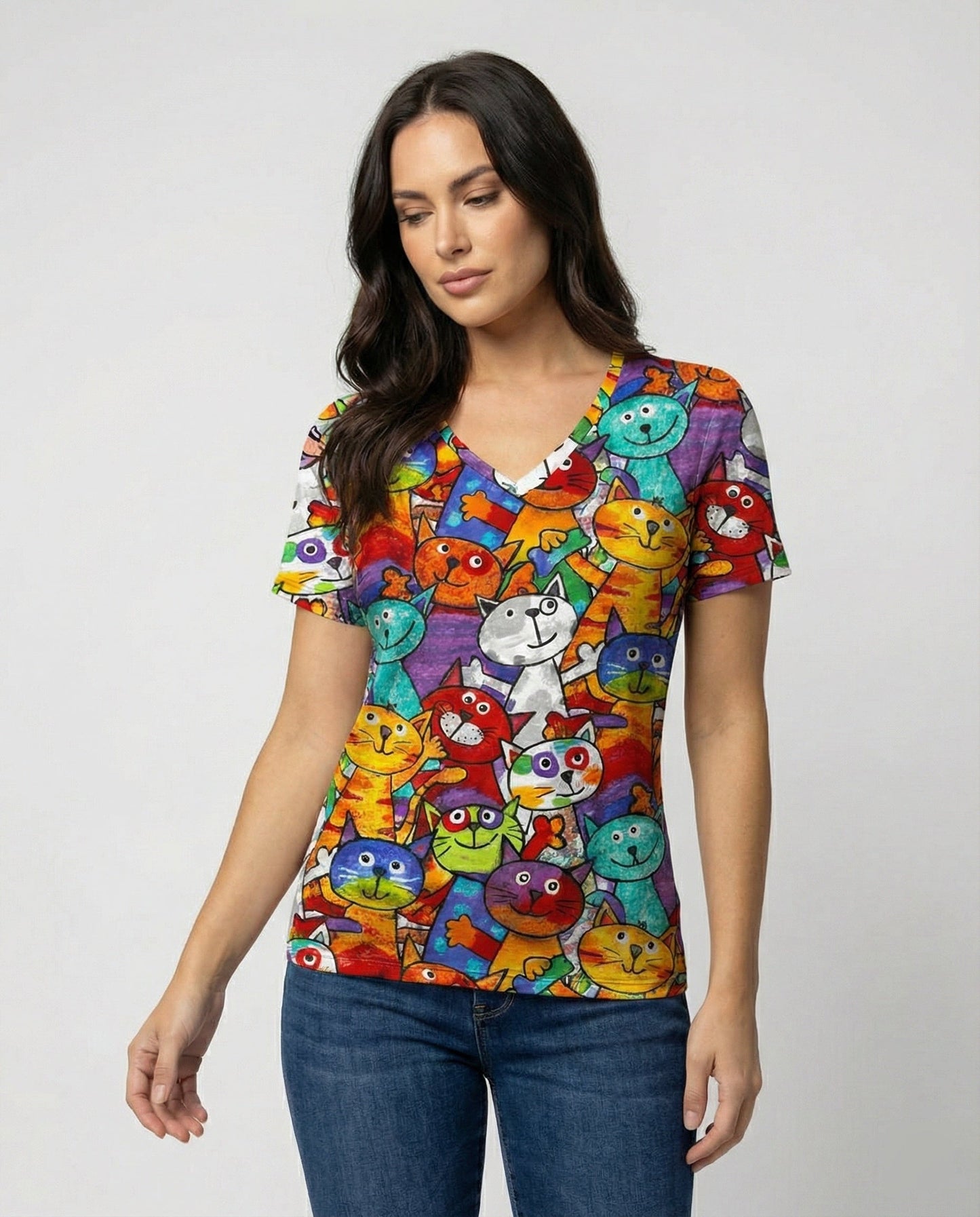 Damen T-Shirt Bunter Katzenprint Baumwolle Weich - Norvielle
