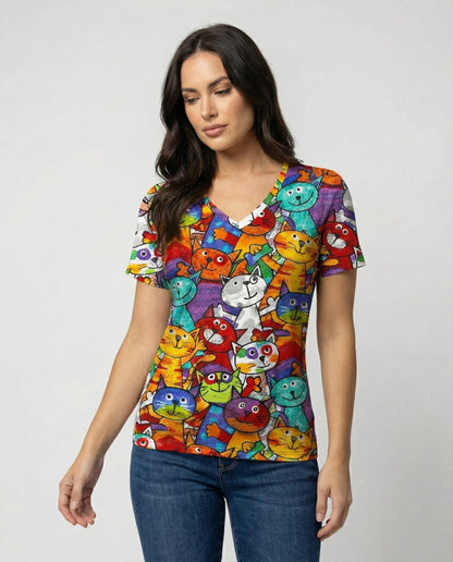 Damen T-Shirt Bunter Katzenprint Baumwolle Weich - Norvielle