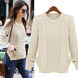Damen Grobstrickpullover Strukturmaschen Optik Lässig Beige