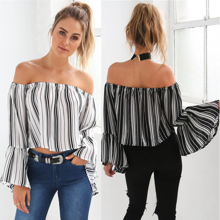 Damen Off-Shoulder Bluse Voluminöse Ärmel Gestreift - Norvielle