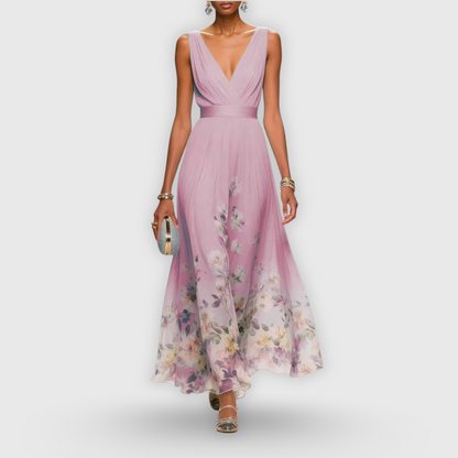 Damen Blumen Maxi Kleid V-Ausschnitt