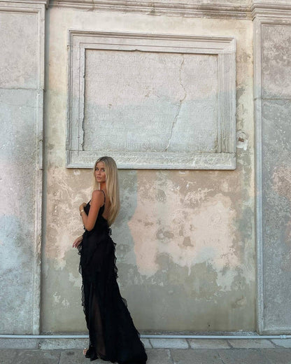 Damen Maxikleid Rüschen Abendkleid Spaghettiträger
