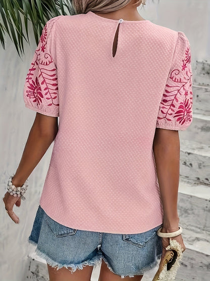 Damen Blusenshirt Puffärmel Florale Stickerei Weiß