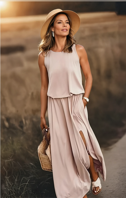 Damen Maxi-Kleid Ärmellos Baumwolle Sommerkleid