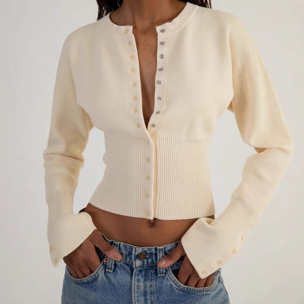 Damen Strickjacke Langärmlig Knopfleiste Beige - Norvielle