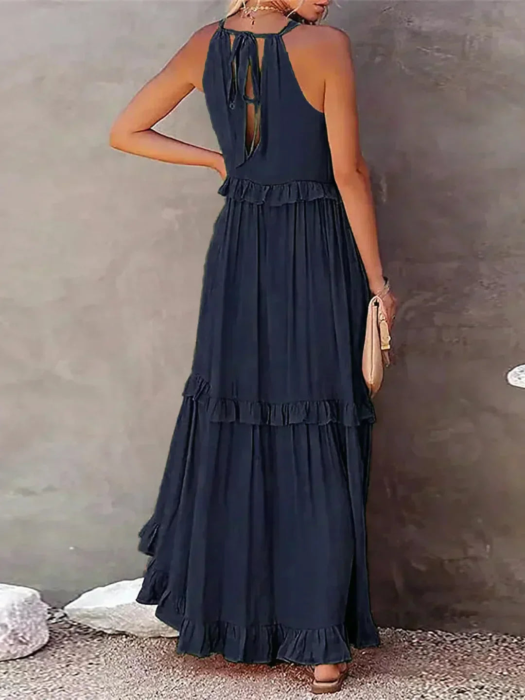 Damen Maxikleid Volants Neckholder Ausschnitt Sommerlich Feminin