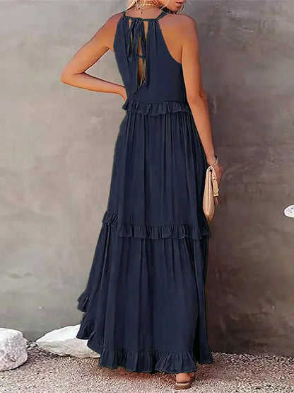 Damen Maxikleid Volants Neckholder Ausschnitt Sommerlich Feminin