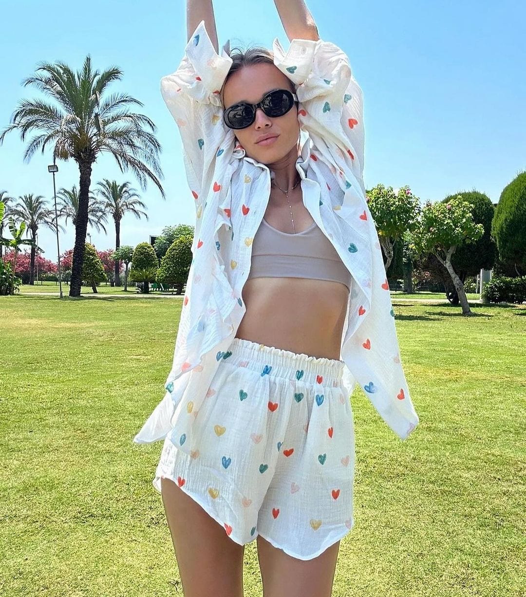 Damen Zweiteiler-Set Herz-Print Leicht Sommer