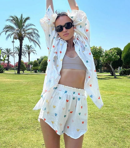 Damen Zweiteiler-Set Herz-Print Leicht Sommer