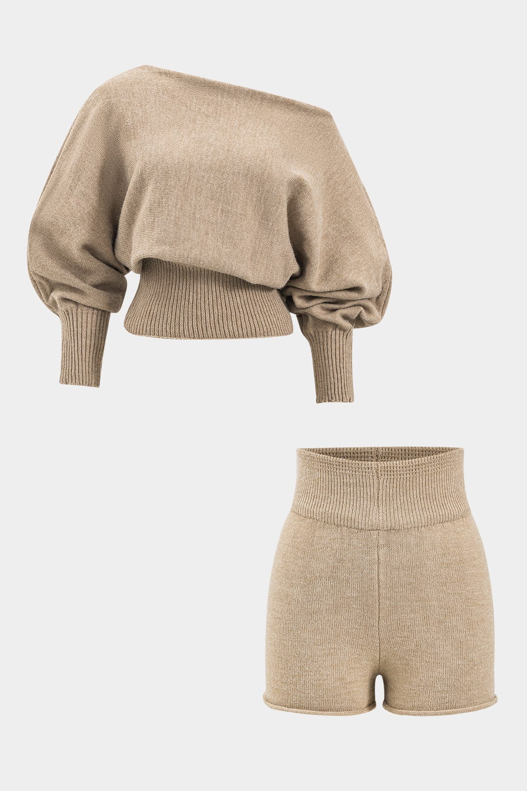 Damen Strick-Zweiteiler-Set One-Shoulder-Pullover High-Waist-Shorts - Norvielle