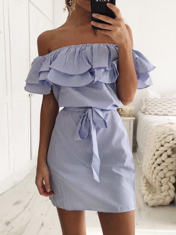 Damen Minikleid Volants Bindegürtel Norvielle