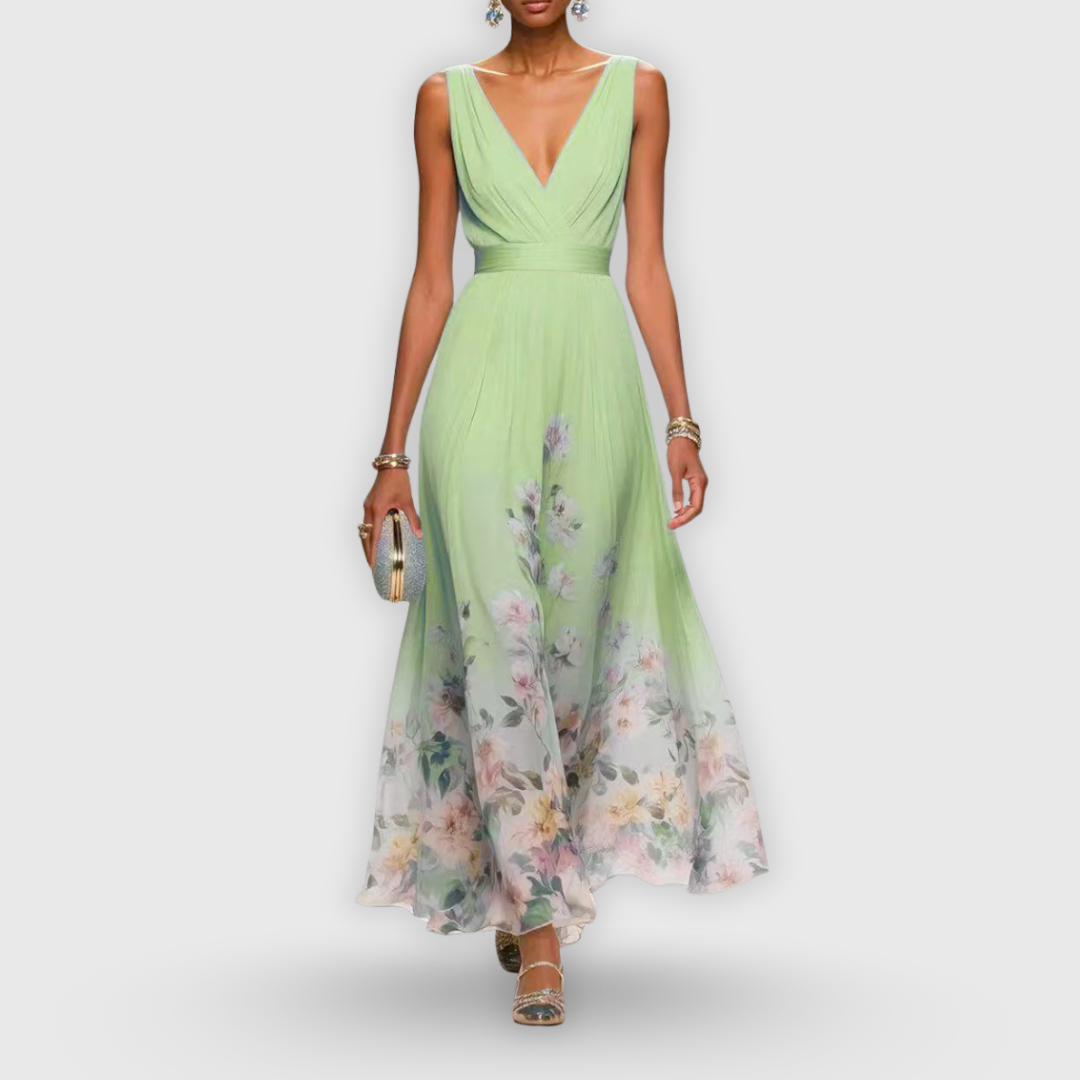 Damen Blumen Maxi Kleid V-Ausschnitt