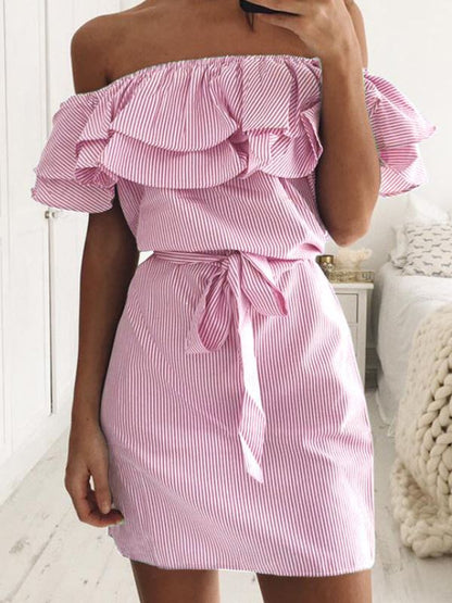 Damen Minikleid Volants Bindegürtel Norvielle