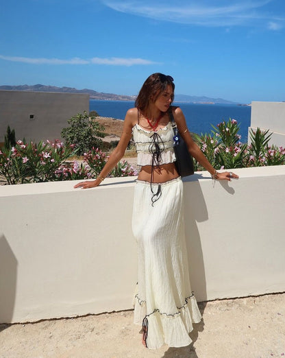 Damen Boho Zweiteiliges Set Rüschen Maxi Rock