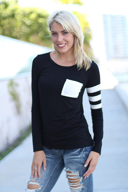 Damen Langarmshirt Kontraststreifen Abgesteppte Brusttasche Norvielle