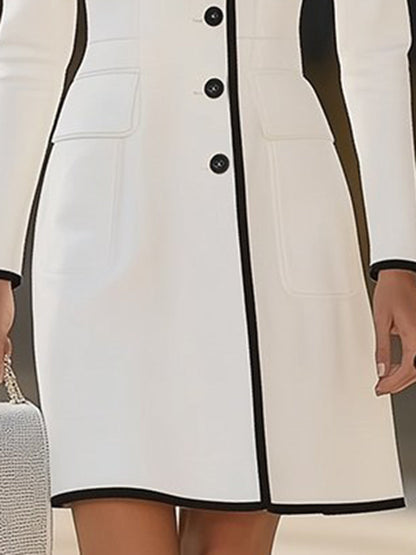 Damen Etuikleid Langarm mit Knöpfen Kontrastdetails Elegantes
