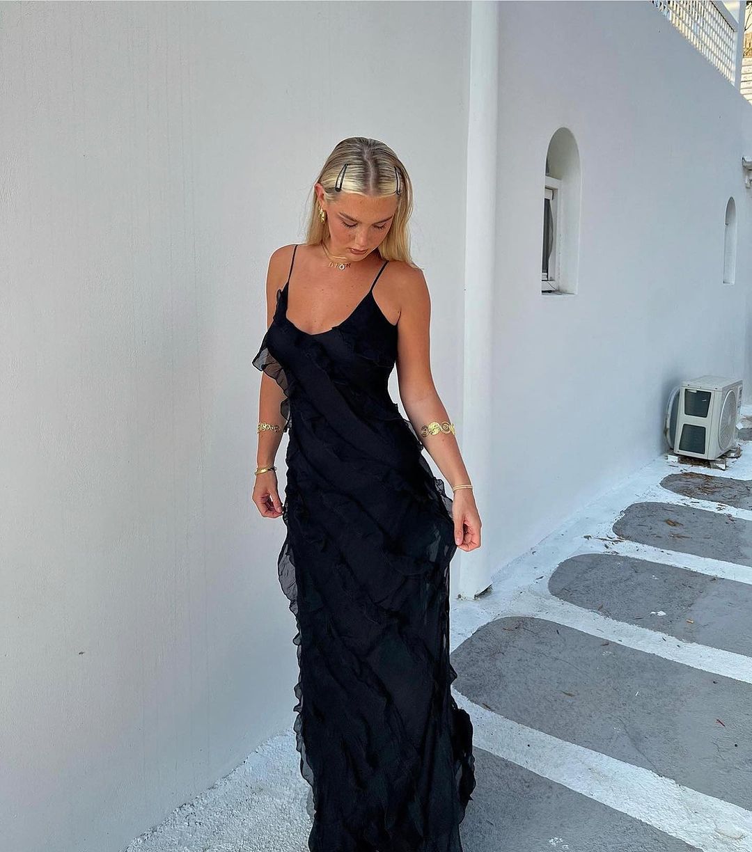 Damen Maxikleid Rüschen Abendkleid Spaghettiträger
