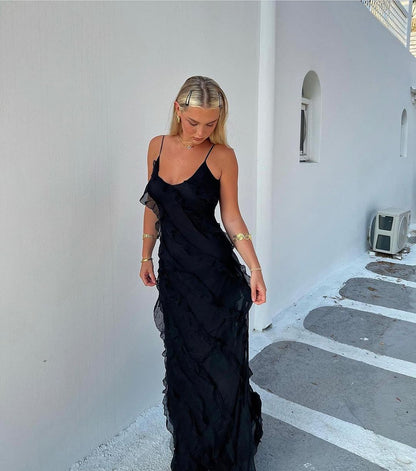 Damen Maxikleid Rüschen Abendkleid Spaghettiträger