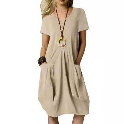 Damen Sommerkleid Rundhals Kurzarm Unifarben mit Taschen