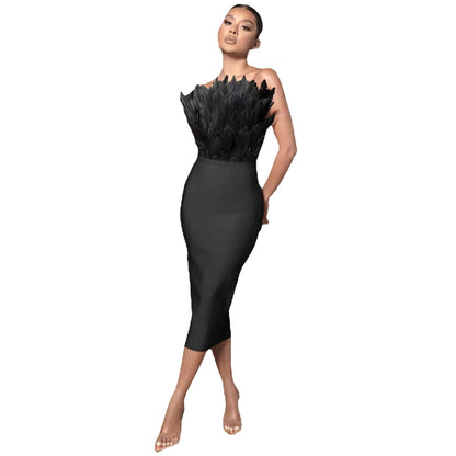 Norvielle Damen Tube--Kleid Federbesatz Elegantes Kleid