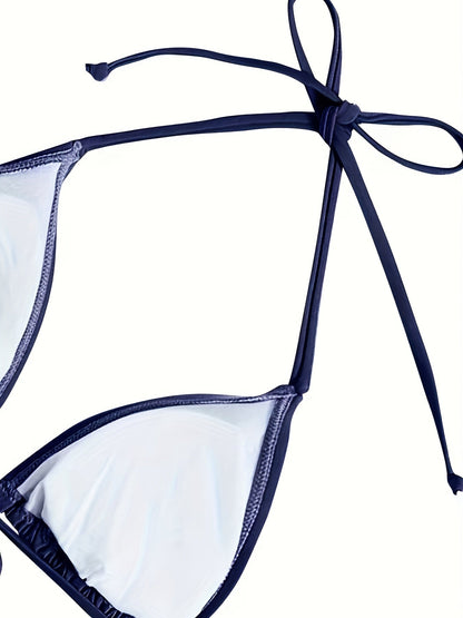 Dunkelblauer Damen Bikini Satz V-Ausschnitt Nackter Rücken