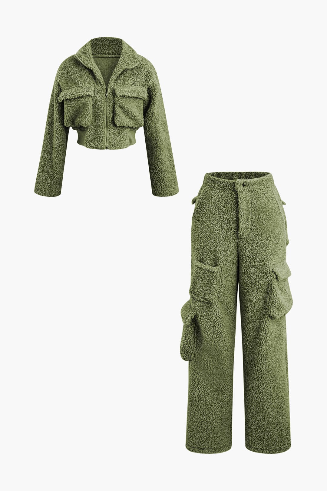 Misha Damen Teddy-Zweiteiler Cargohose Cropped-Jacke
