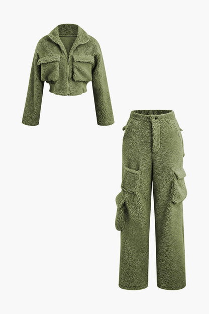 Misha Damen Teddy-Zweiteiler Cargohose Cropped-Jacke