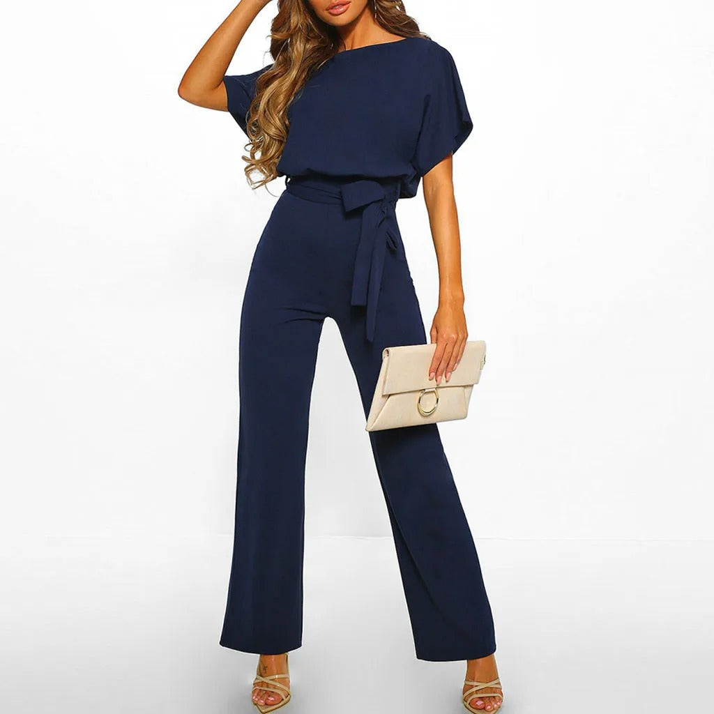 Norvielle Damen Jumpsuit Rüschärmel Gürtel Eleganz