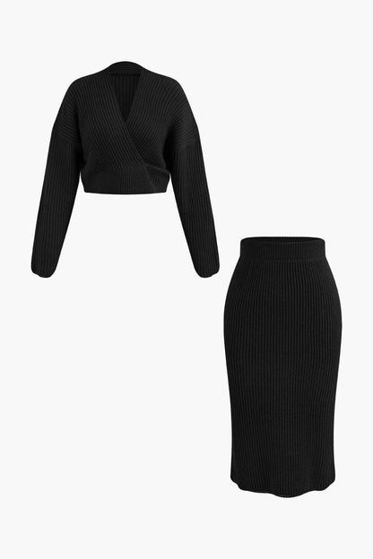 Damen Strick-Set Wickel-Oberteil Bleistiftrock Elegantes