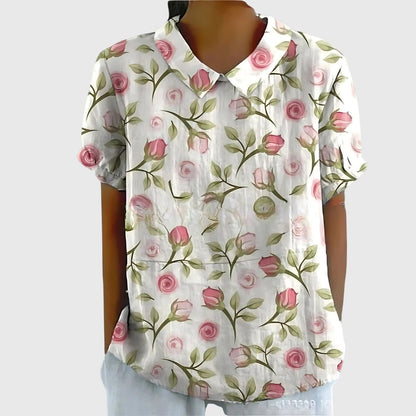 Damen Blume Bluse Kurzarm mit Kragen