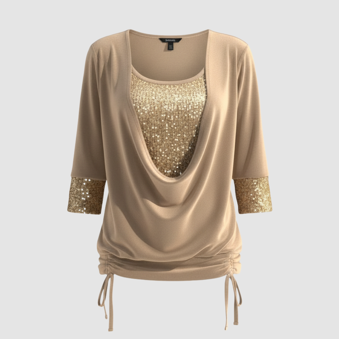 Damen Pailletten Bluse Figurfreundlich Langarm