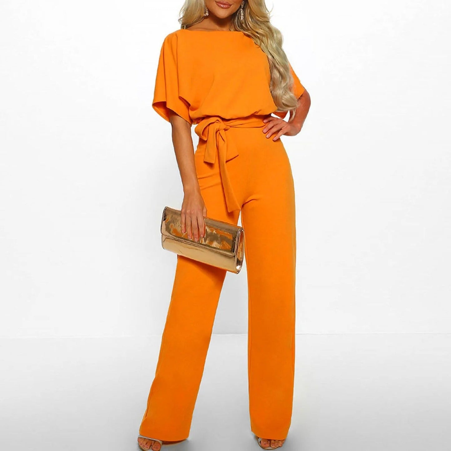 Norvielle Damen Jumpsuit Rüschärmel Gürtel Eleganz