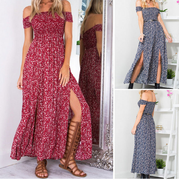 Damen Maxikleid Florales Muster Seidenstoff Seitenschlitz Schwarz - Norvielle