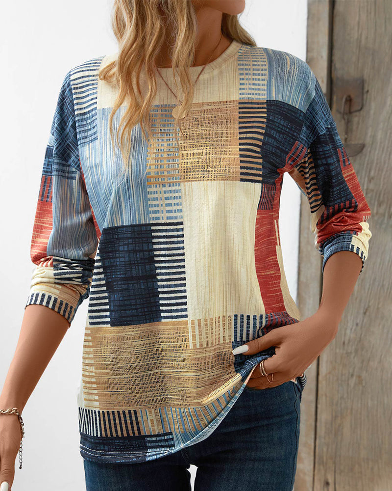 Damen Langarmshirt Multicolor Rundhals Baumwolle
