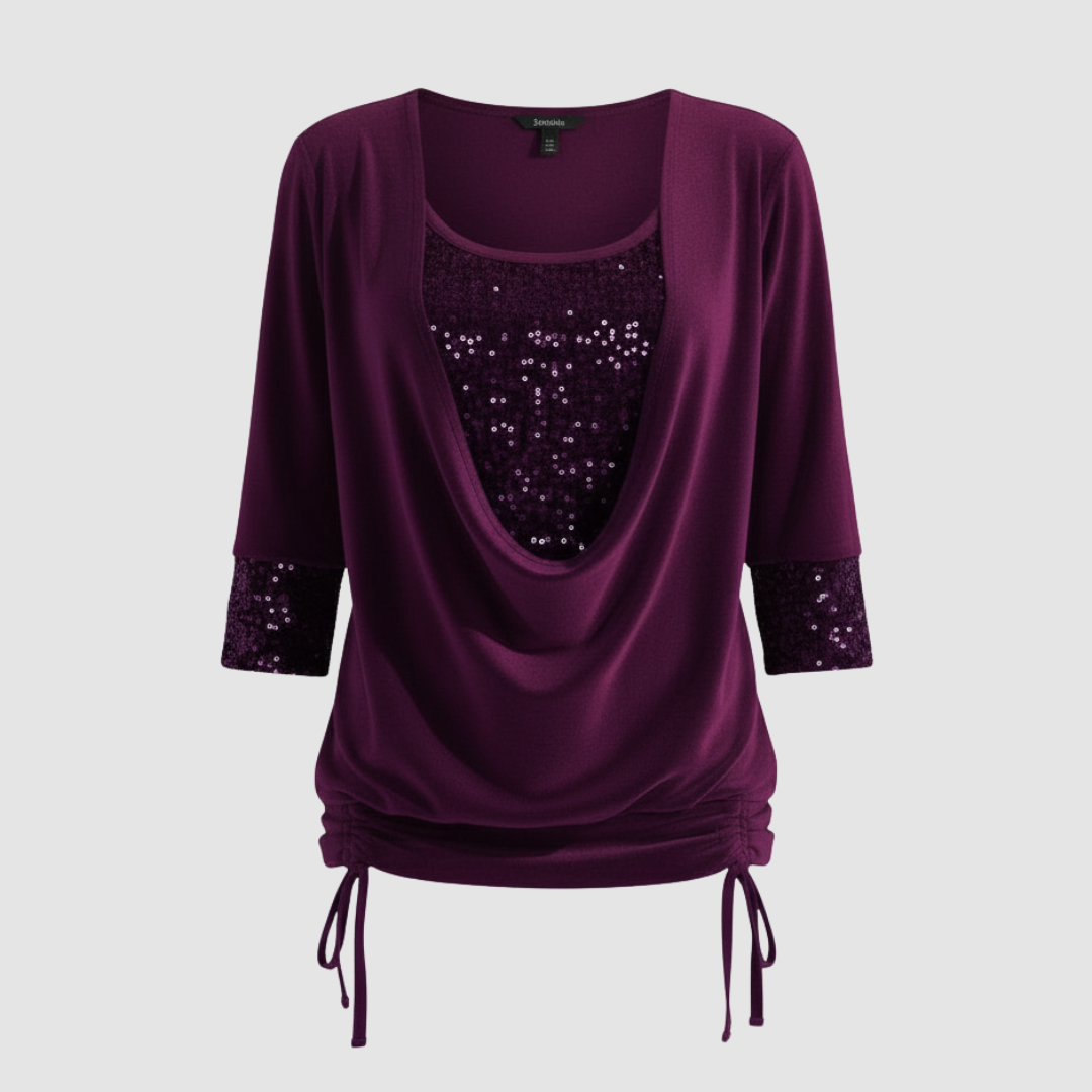 Damen Pailletten Bluse Figurfreundlich Langarm