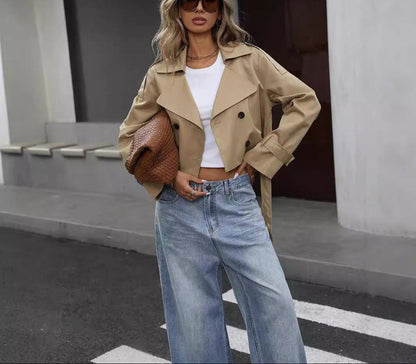 Damen Trenchcoat Kurz Zweireihig