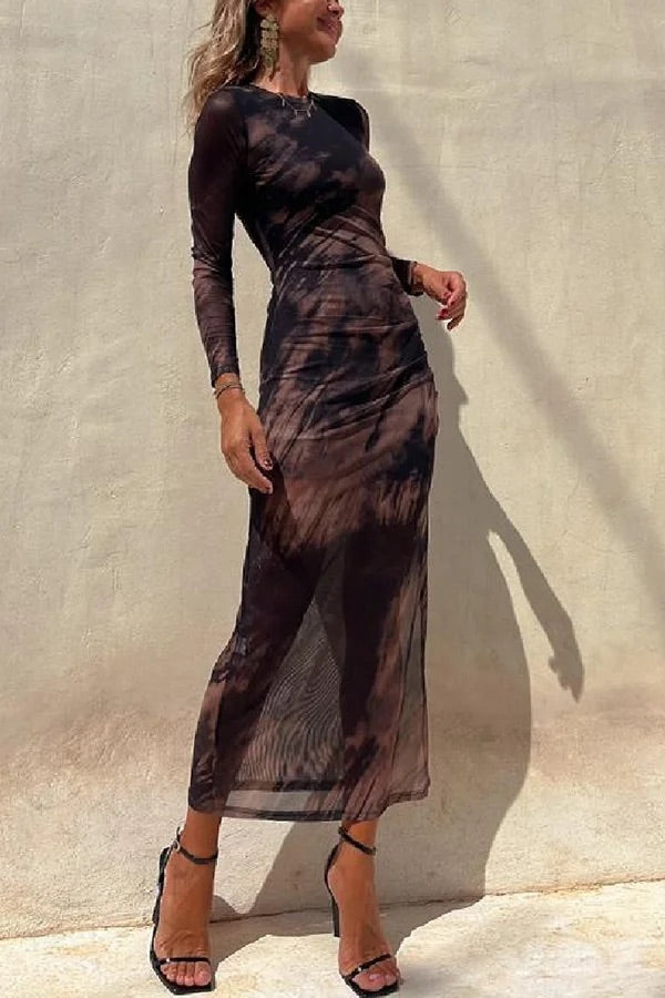 Damen Langarm Midi Kleid aus Stretch mit Rüsch und Mesh-Überzug,