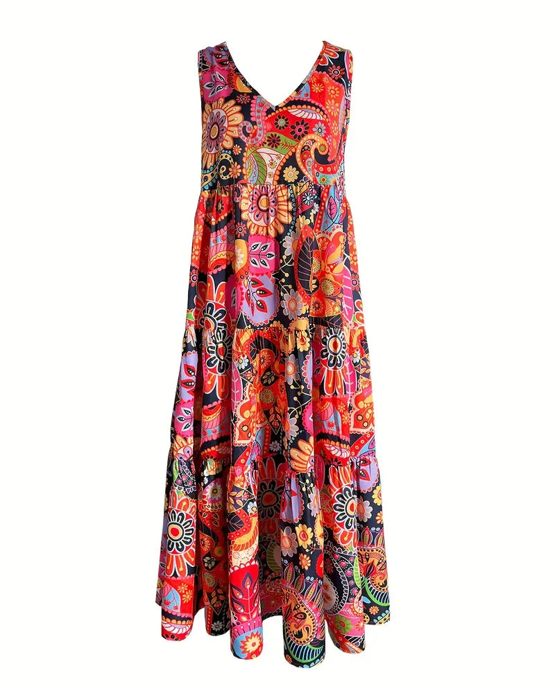 Ärmelloses Damenkleid Lang Print Lockeres Design