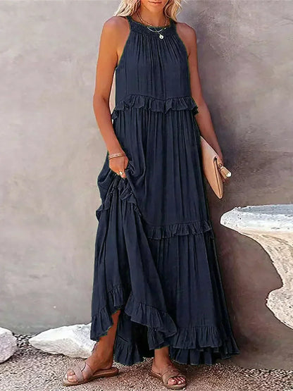 Damen Maxikleid Volants Neckholder Ausschnitt Sommerlich Feminin